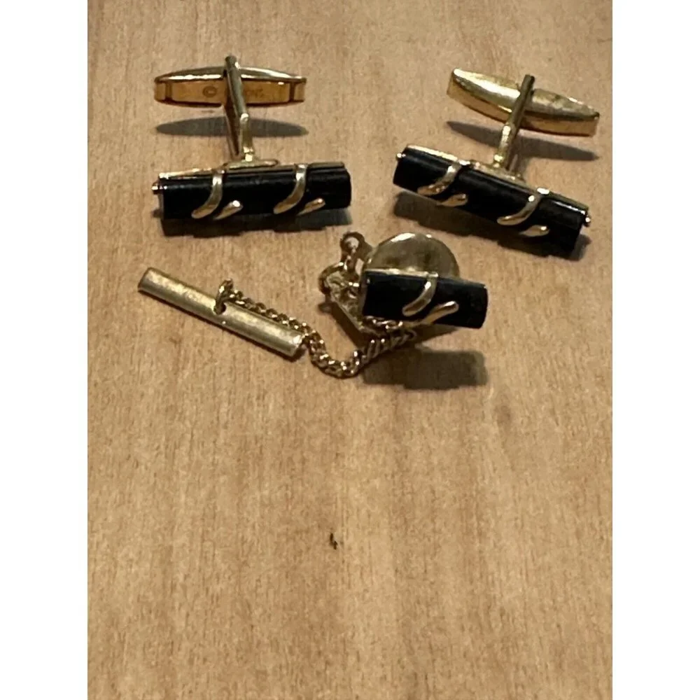 Vintage Emmons Cufflinks Tie Tack Pin Black Onyx gold tone Mid Century Wedding